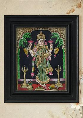 Fourarmed Standing Goddess Lakshmi Tanjore Painting With 24 Karat Gold