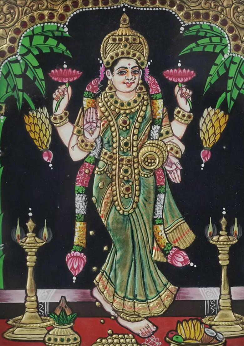 Fourarmed Standing Goddess Lakshmi Tanjore Painting With 24 Karat Gold