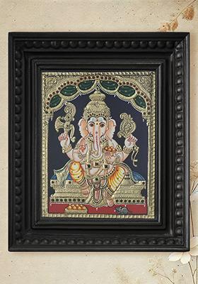 Sitting Lord Ganesha With Modak Tanjore Painting With 24 Karat Gold
