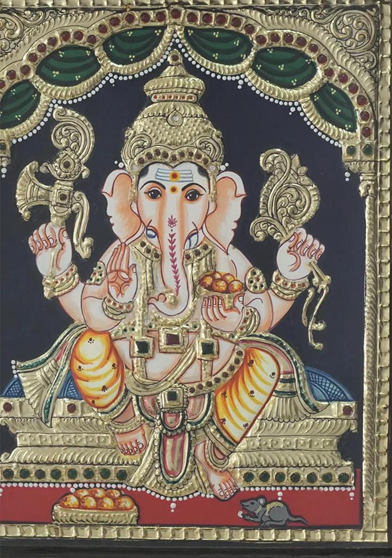 Sitting Lord Ganesha With Modak Tanjore Painting With 24 Karat Gold