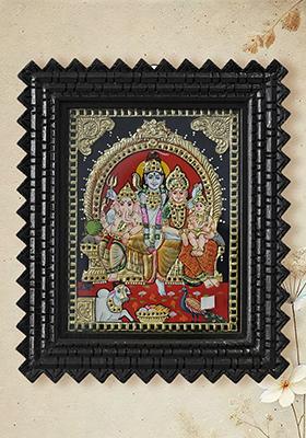 Shiva Family Tanjore Painting Seated On Throne With 24 Karat Gold