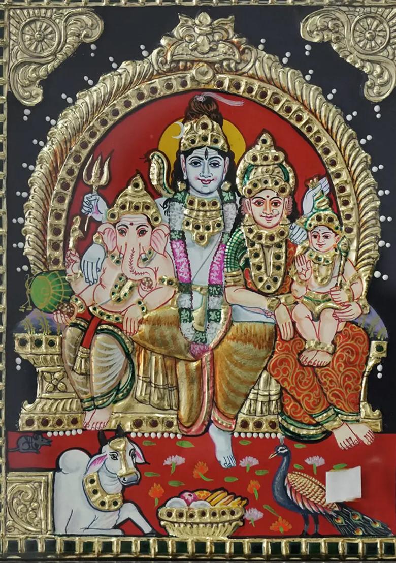 Shiva Family Tanjore Painting Seated On Throne With 24 Karat Gold