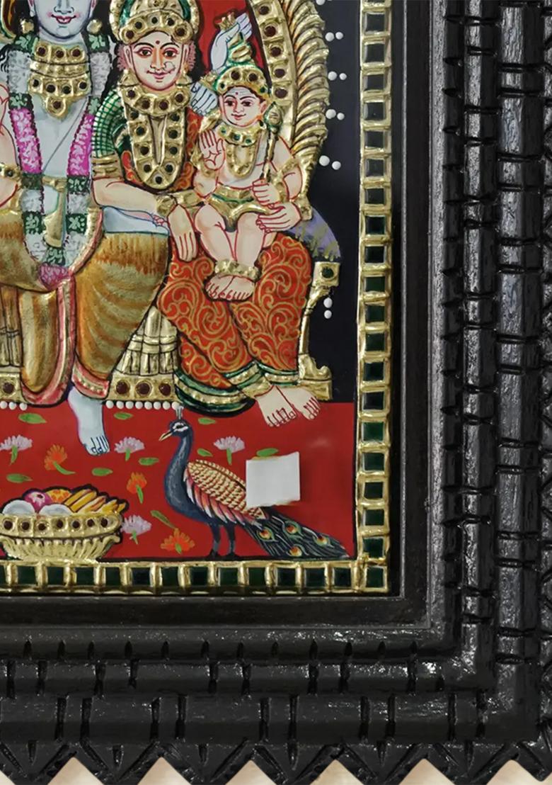 Shiva Family Tanjore Painting Seated On Throne With 24 Karat Gold