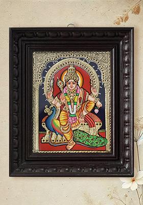 Sitting Lord Murugan Kartikeya With Peacock Tanjore Painting With 24 Karat Gold