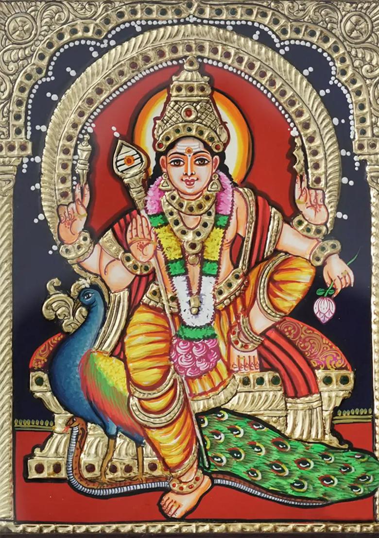 Sitting Lord Murugan Kartikeya With Peacock Tanjore Painting With 24 Karat Gold