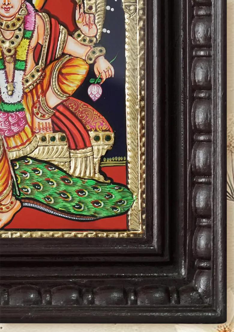 Sitting Lord Murugan Kartikeya With Peacock Tanjore Painting With 24 Karat Gold