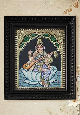 Devi Saraswati Seated On Lotus Tanjore Painting With 24 Karat Gold