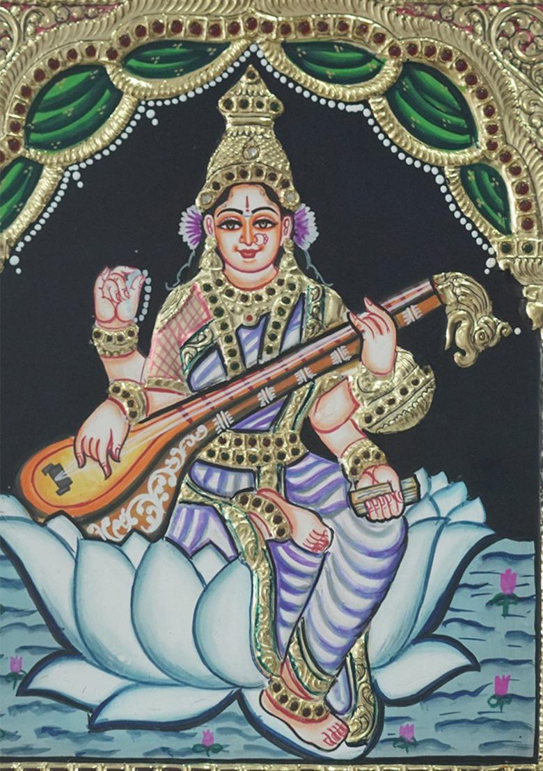 Devi Saraswati Seated On Lotus Tanjore Painting With 24 Karat Gold