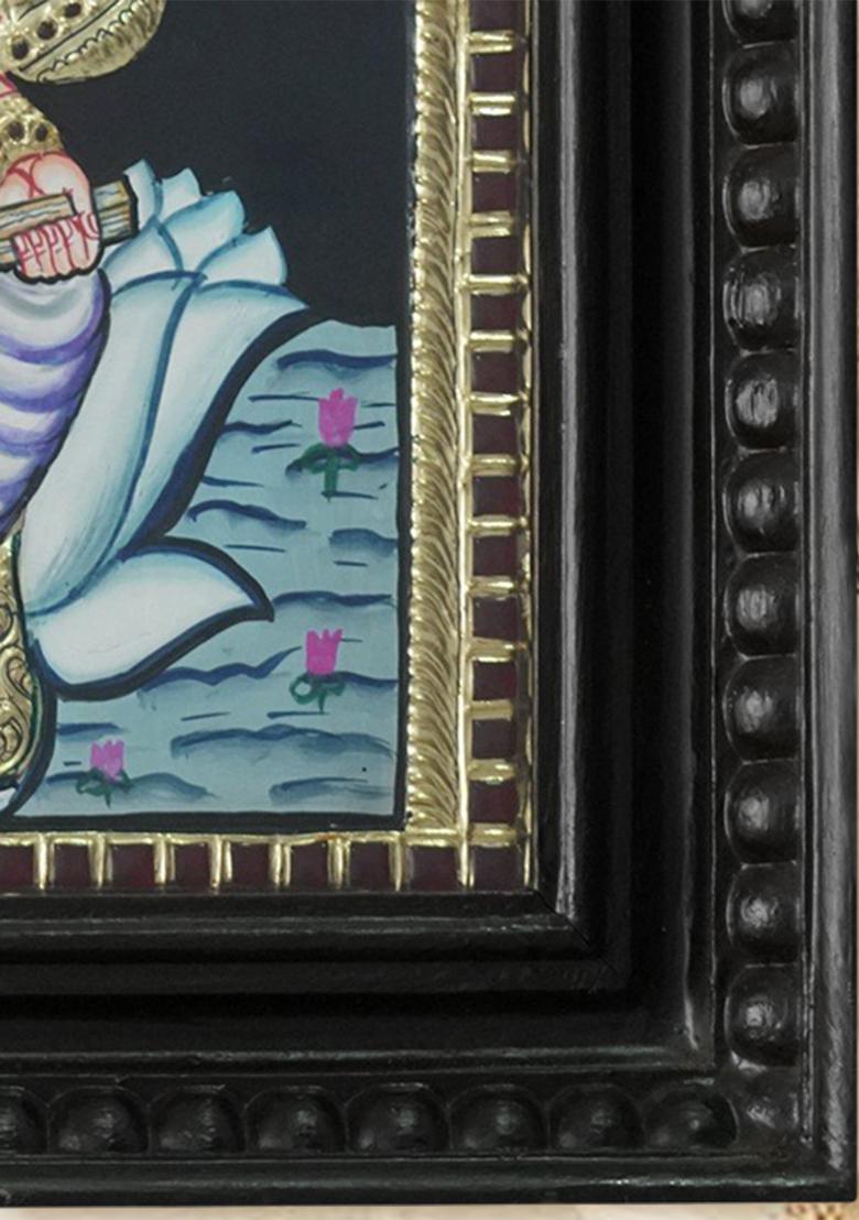 Devi Saraswati Seated On Lotus Tanjore Painting With 24 Karat Gold