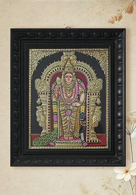 Standing Lord Murugan Kartikeya Tanjore Painting With 24 Karat Gold