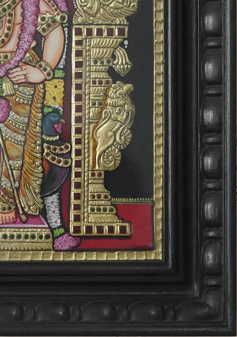 Standing Lord Murugan Kartikeya Tanjore Painting With 24 Karat Gold