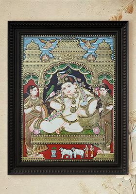 Lord Butter Krishna With Rukmini And Satyabhama With 24 Karat Gold Tanjore Painting