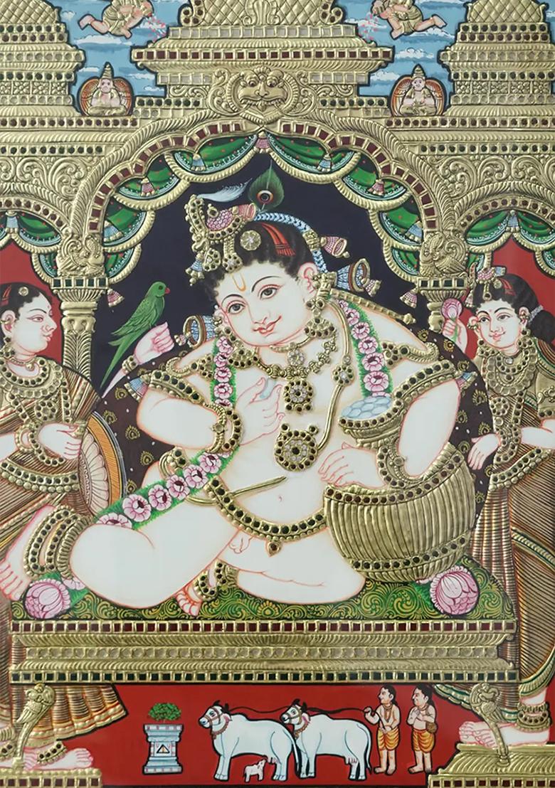 Lord Butter Krishna With Rukmini And Satyabhama With 24 Karat Gold Tanjore Painting