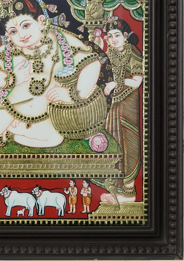 Lord Butter Krishna With Rukmini And Satyabhama With 24 Karat Gold Tanjore Painting