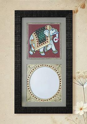 Ly Dressed Elephant With Mirror With 24 Karat Gold Tanjore Painting