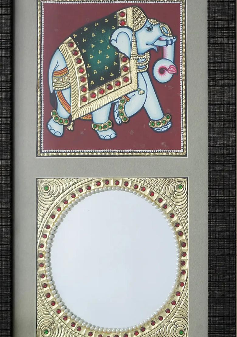 Ly Dressed Elephant With Mirror With 24 Karat Gold Tanjore Painting