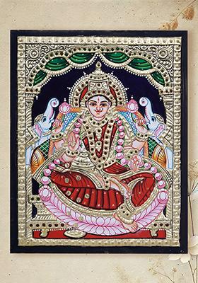 Goddess Gajalakshmi Tanjore Painting With 24 Karat Gold