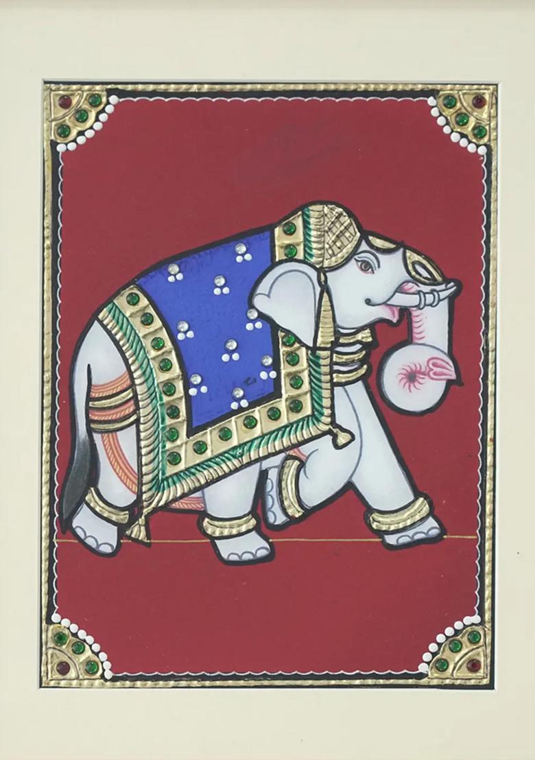 Ly Dressed Walking Elephant Tanjore Painting With 24 Karat Gold