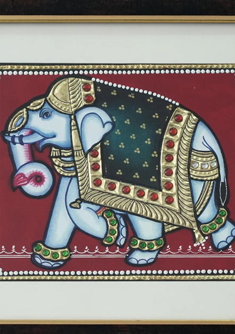 Ornamented Elephant Tanjore Painting With 24 Karat Gold