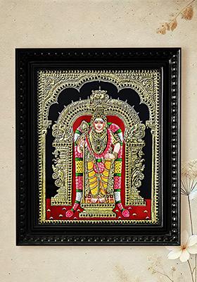 God Murugan Standing With Arch Tanjore Painting Colour With 24K Gold