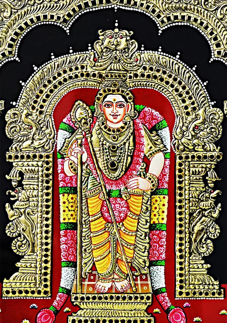 God Murugan Standing With Arch Tanjore Painting Colour With 24K Gold