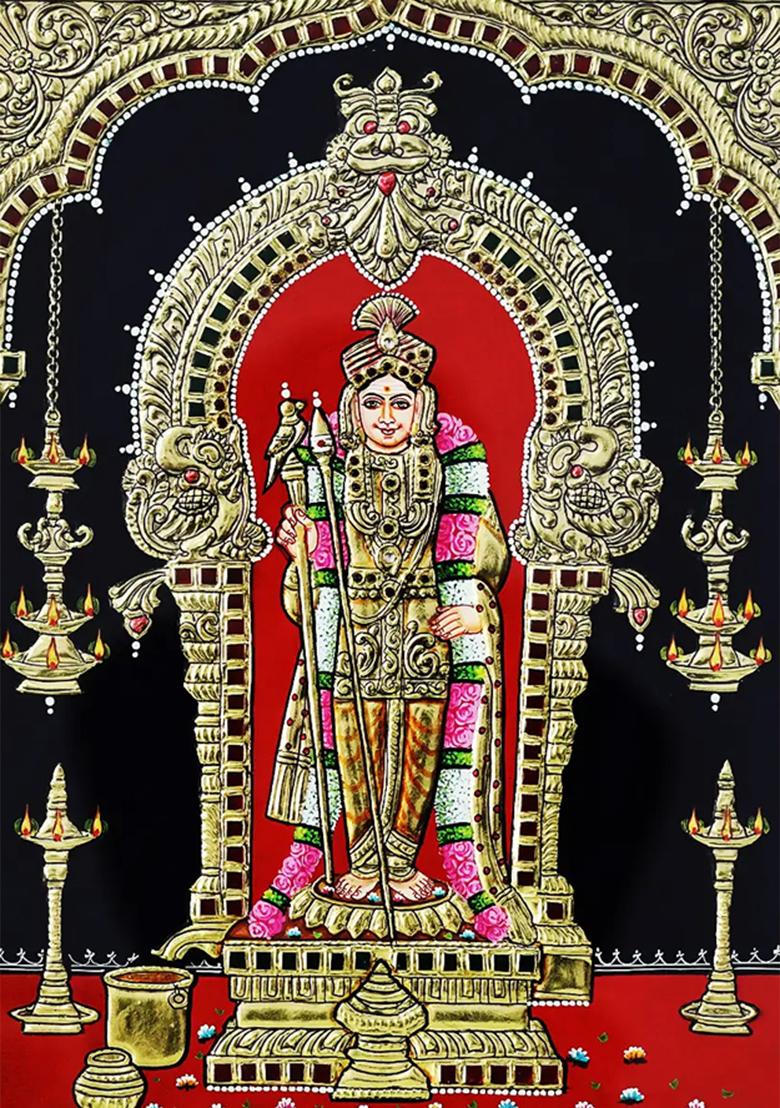 Lord Murugan Standing Inside Arch Kartikeya Tanjore Painting Colour With 24 Karat Gold