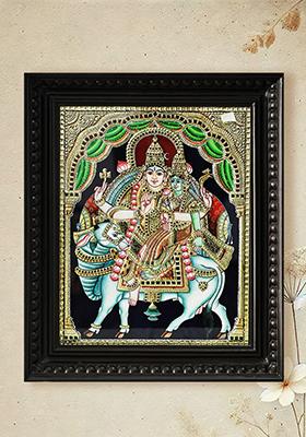 Hindu Deities Rishabha Parvati Seated On Nandi Colour With 24 Karat Gold