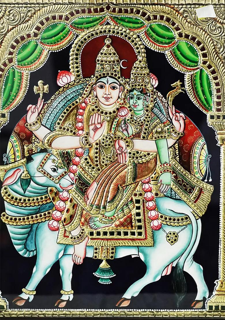 Hindu Deities Rishabha Parvati Seated On Nandi Colour With 24 Karat Gold