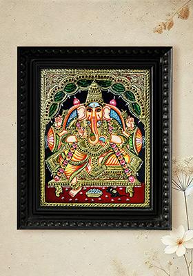 Four Handed Ganesha Seated On Throne Tanjore Painting Colour With 24 Karat Gold