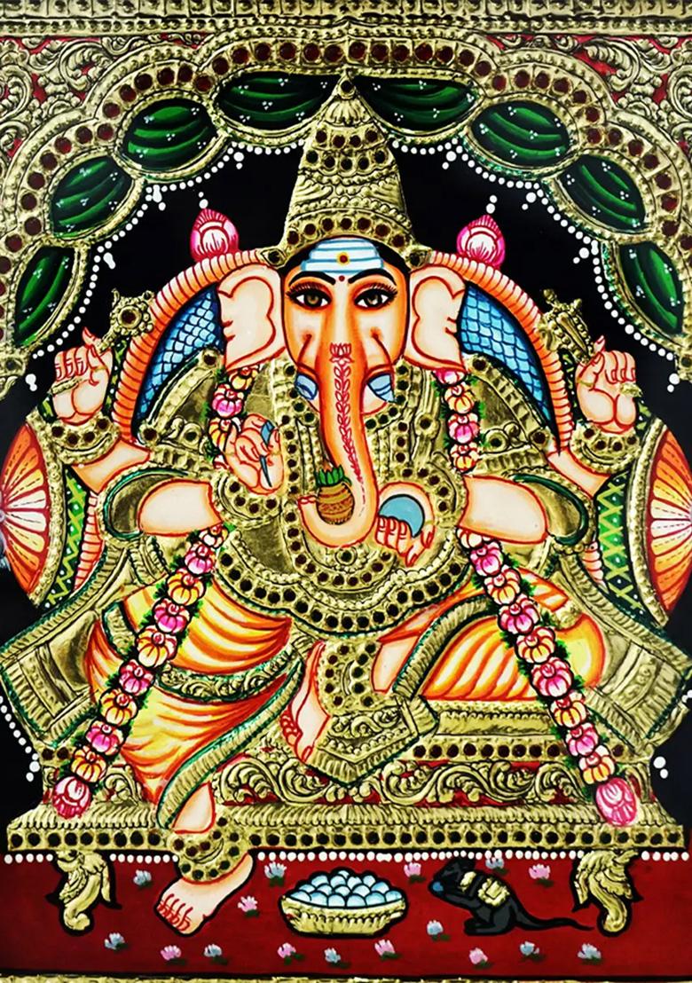 Four Handed Ganesha Seated On Throne Tanjore Painting Colour With 24 Karat Gold