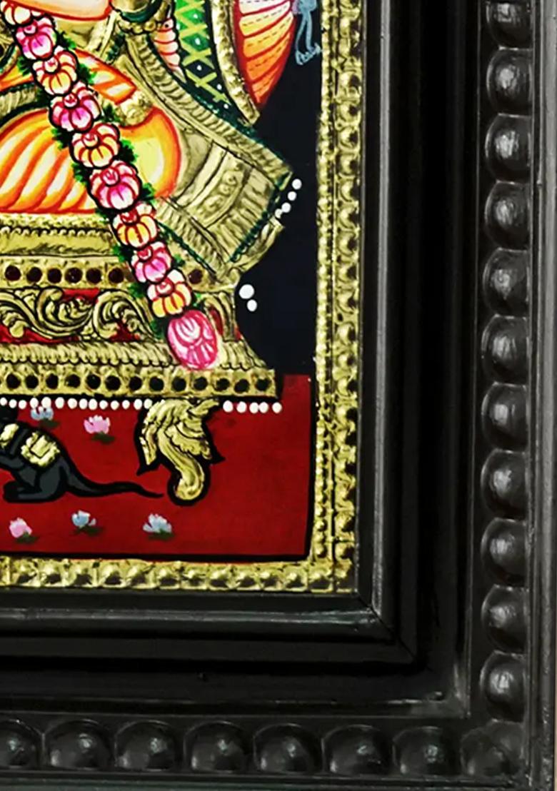 Four Handed Ganesha Seated On Throne Tanjore Painting Colour With 24 Karat Gold