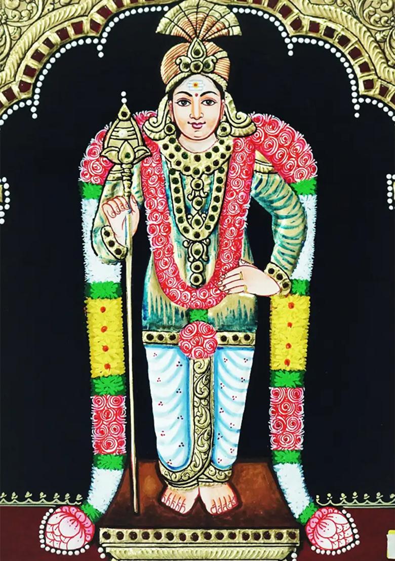 Lord Murugan Kartikeya Tanjore Painting Colour With 24 Karat Gold