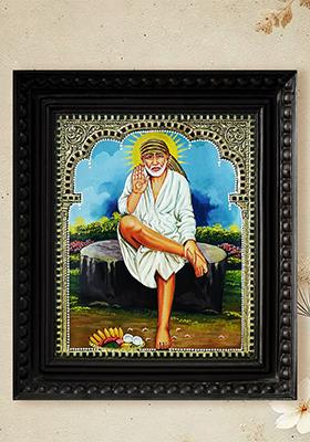 Lord Sai Baba Seated On Log Tanjore Painting Artwork Of Sai Baba In Vibrant