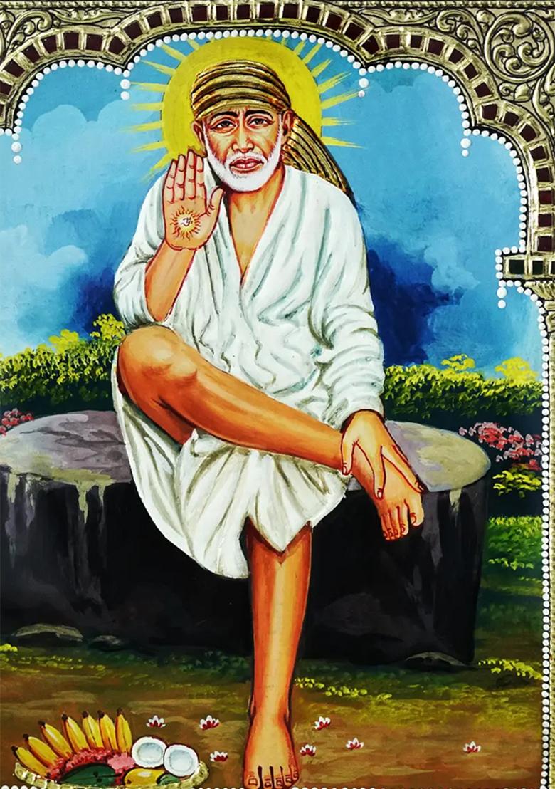 Lord Sai Baba Seated On Log Tanjore Painting Artwork Of Sai Baba In Vibrant