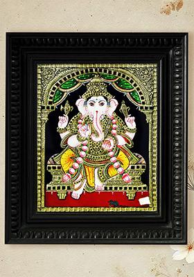 Lord Ganesha Seated With Lotus Garland Tanjore Painting Divine Ganesha Artwork In