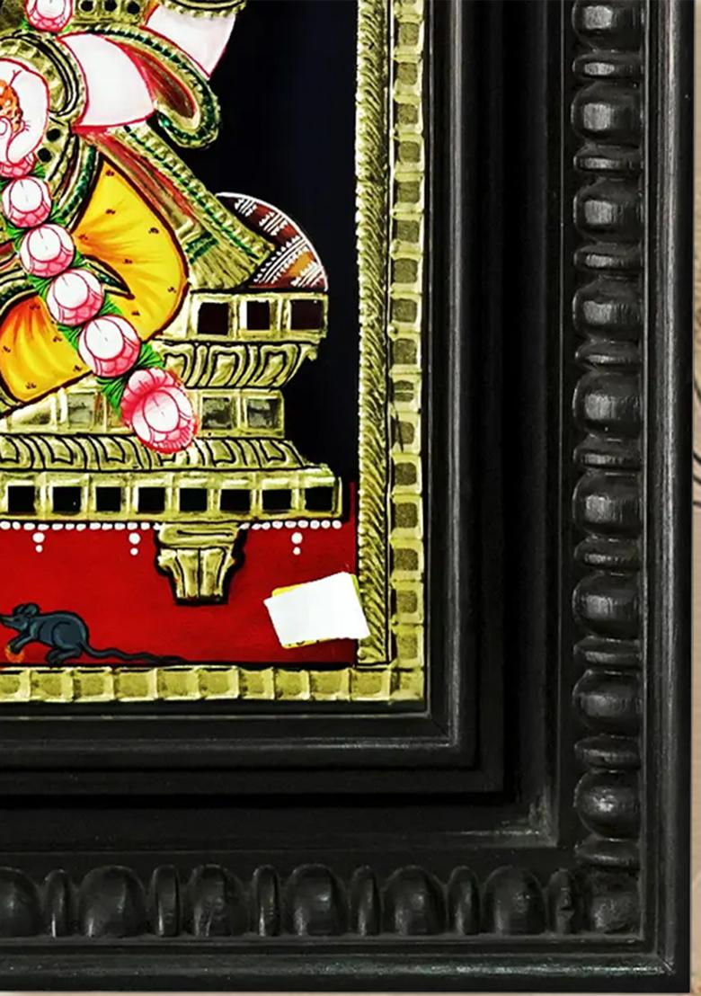 Lord Ganesha Seated With Lotus Garland Tanjore Painting Divine Ganesha Artwork In