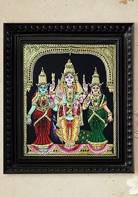 Divine Tanjore Painting Of Lord Murugan With Valli And Deivanai South Indian Art