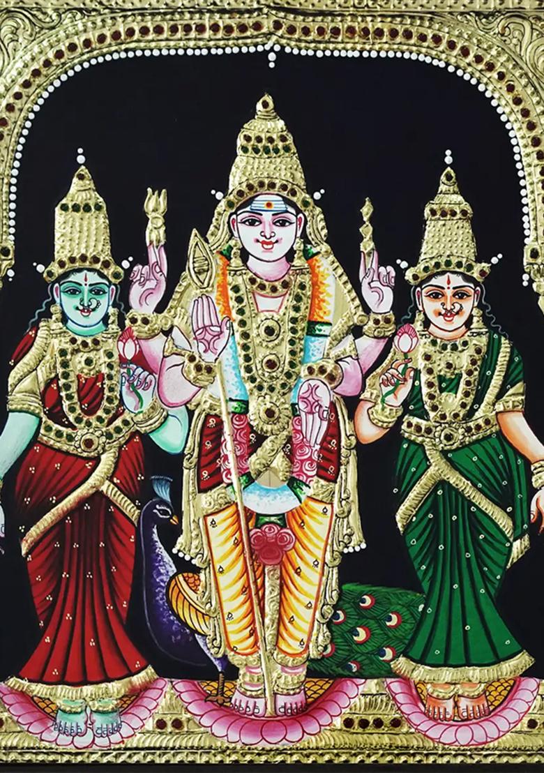 Divine Tanjore Painting Of Lord Murugan With Valli And Deivanai South Indian Art