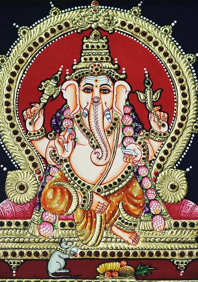 Majestic Tanjore Painting Of Lord Ganesha Seated On A Royal Throne Vibrant