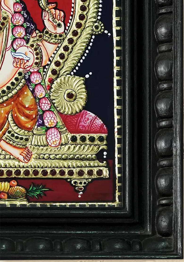 Majestic Tanjore Painting Of Lord Ganesha Seated On A Royal Throne Vibrant