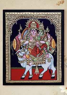 Tanjore Painting Of Pradosh Murtilord Shiva Goddess Parvati In