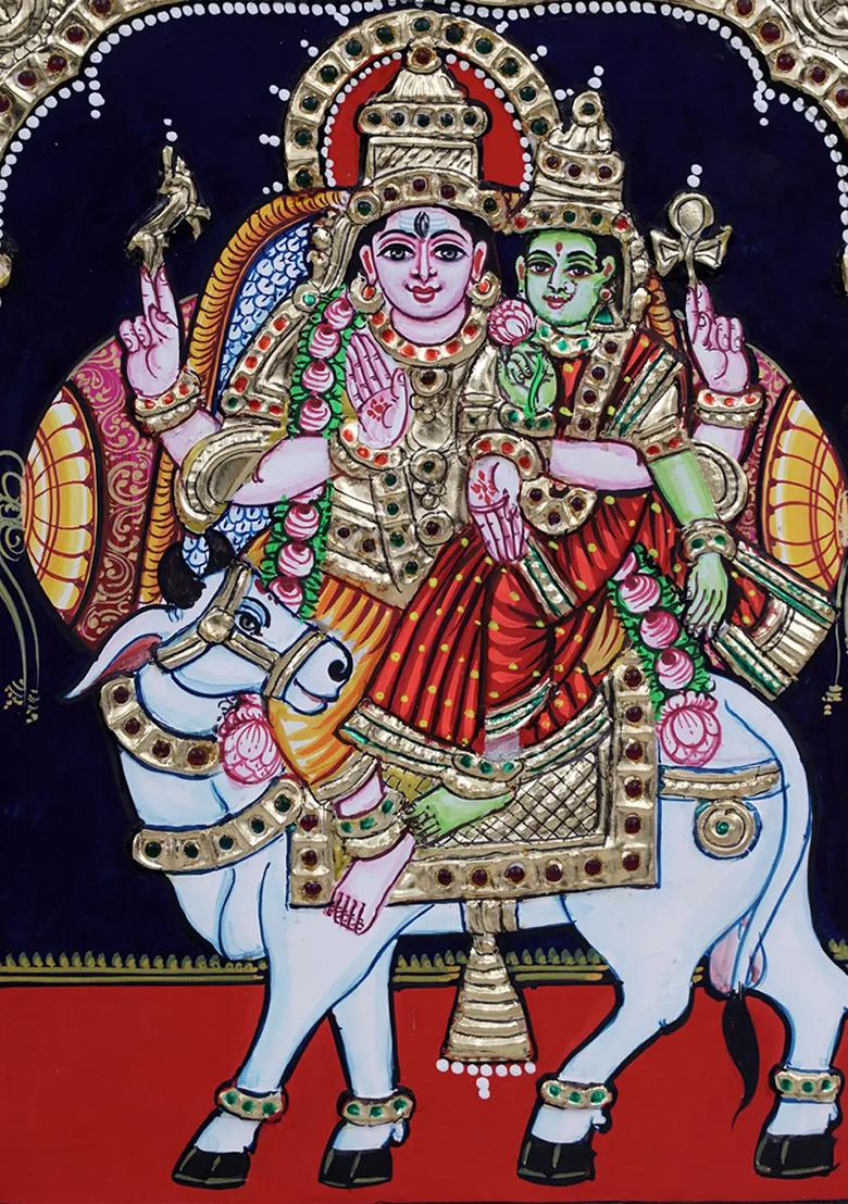 Tanjore Painting Of Pradosh Murtilord Shiva Goddess Parvati In