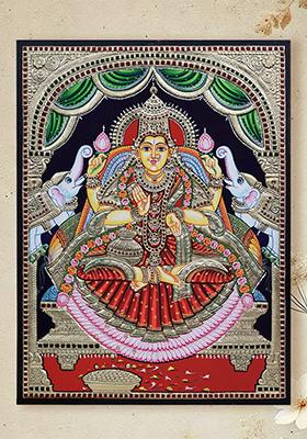 Magnificent Tanjore Painting Of Goddess Lakshmi Showering Wealth Divine Blessings