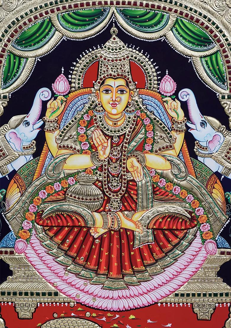 Magnificent Tanjore Painting Of Goddess Lakshmi Showering Wealth Divine Blessings