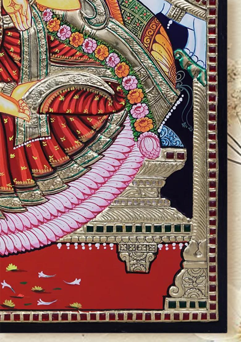 Magnificent Tanjore Painting Of Goddess Lakshmi Showering Wealth Divine Blessings