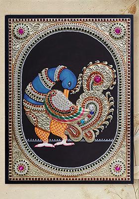 Exquisite Tanjore Painting Of A Peacock With Stone Work Divine Elegance