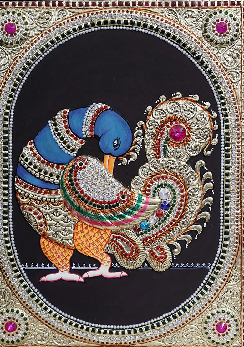 Exquisite Tanjore Painting Of A Peacock With Stone Work Divine Elegance