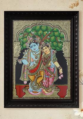 Divine Tanjore Painting Of Radha Krishna Standing Together Under A Tree Eternal Love