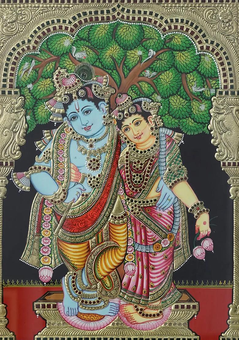 Divine Tanjore Painting Of Radha Krishna Standing Together Under A Tree Eternal Love