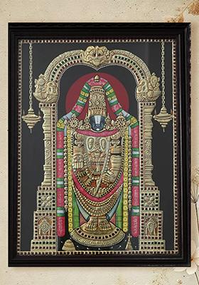Tanjore Painting Of Lord Tirupati Balaji Inside An Arch With Elegant Frame